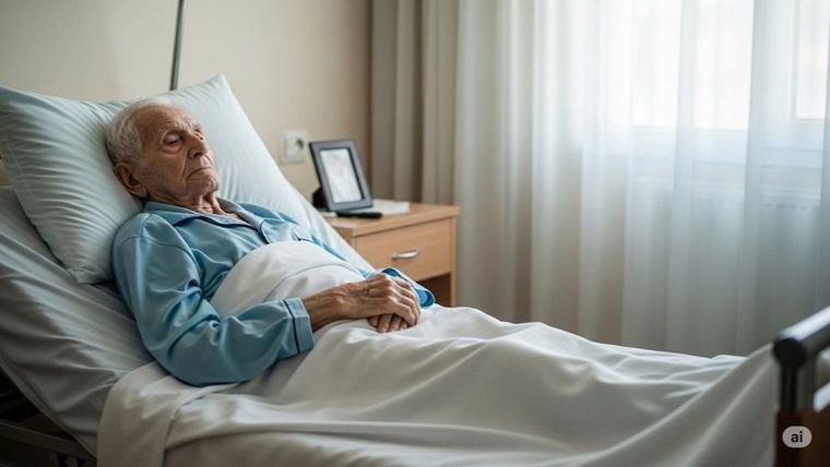 Una persona mayor en la cama de la residencia en la que vive.