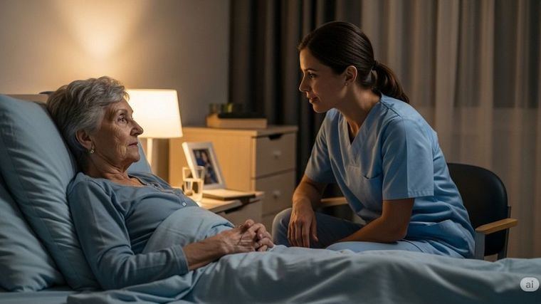 Una mujer mayor en la cama de una residencia.