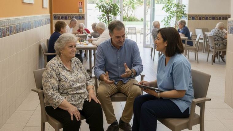Un familiar de una usuario de centro de día habla con la trabajadora.