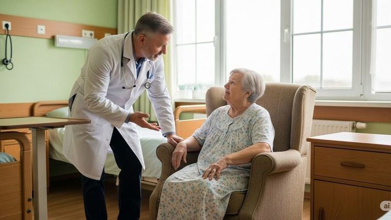Una persona mayor atendida por un médico en una residencia.