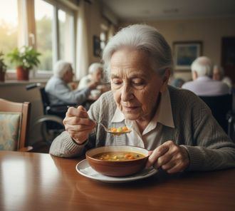 Una persona mayor come en una residencia.