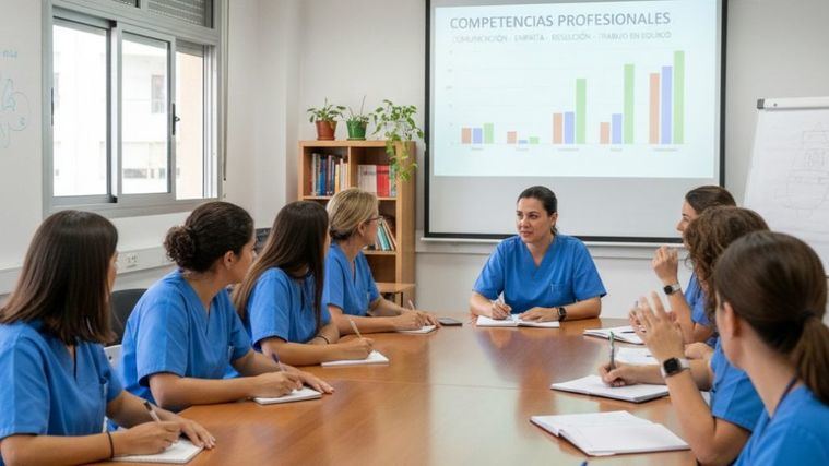 Grupo de profesionales en un curso de acreditación por competencias.