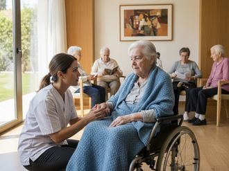 Mujer dependiente en una residencia de personas mayor.
