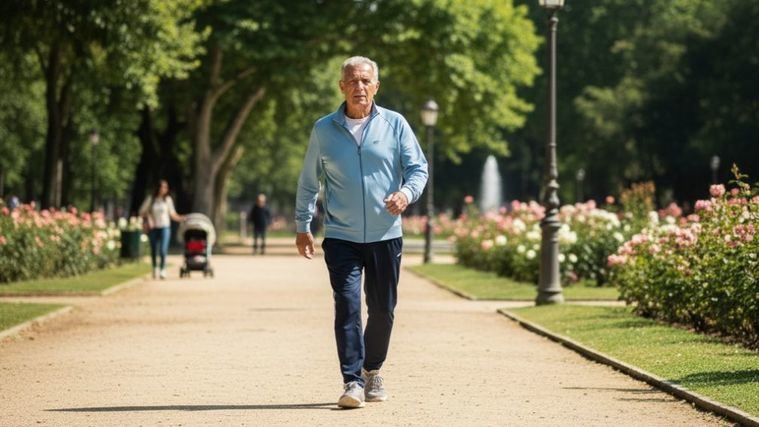 Una persona mayor caminando por un parque.