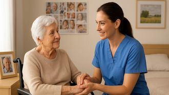 Una cuidadora atiende a una persona mayor en una residencia.