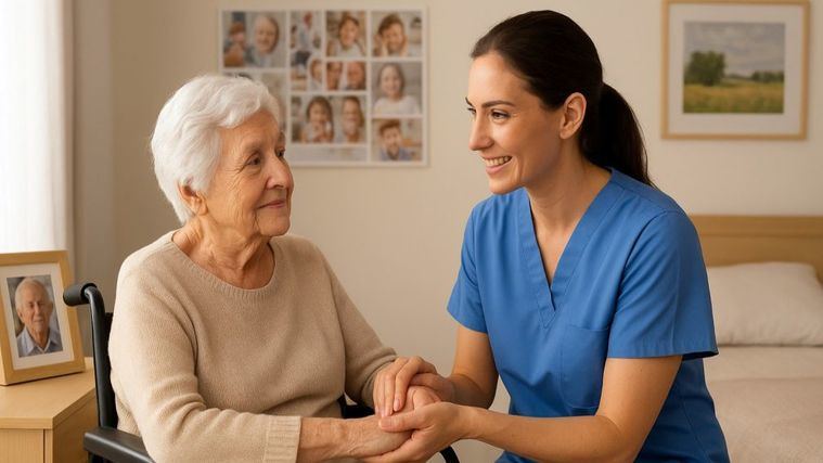 Una cuidadora atiende a una persona mayor en una residencia.