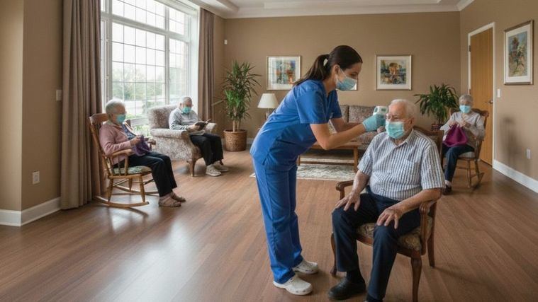 Una cuidadora atiende a una persona mayor con síntomas de gripe en una residencia.