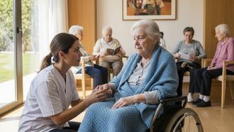 Mujer dependiente en una residencia de personas mayor.