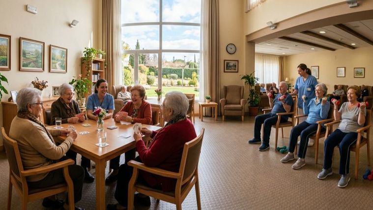 Actividades divertidas en una residencia de personas mayores.
