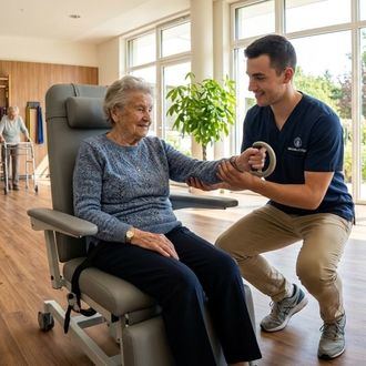 Rehabilitación en una residencia de personas mayores con un fisioterapeuta.
