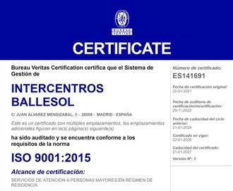 Ballesol obtiene la certificación ISO 9001 en sus residencias para mayores