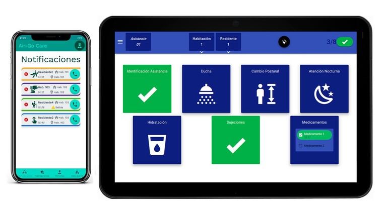 La aplicación y la tablet de Air-Go Care para residencias de ancianos.