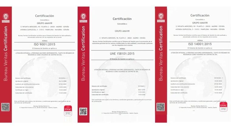 Amavir renueva hasta 2028 sus certificaciones de calidad y de medio ambiente.