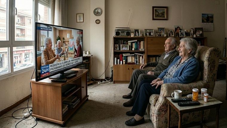 Una pareja de personas mayores ve una noticia buena en televisión sobre residencias.